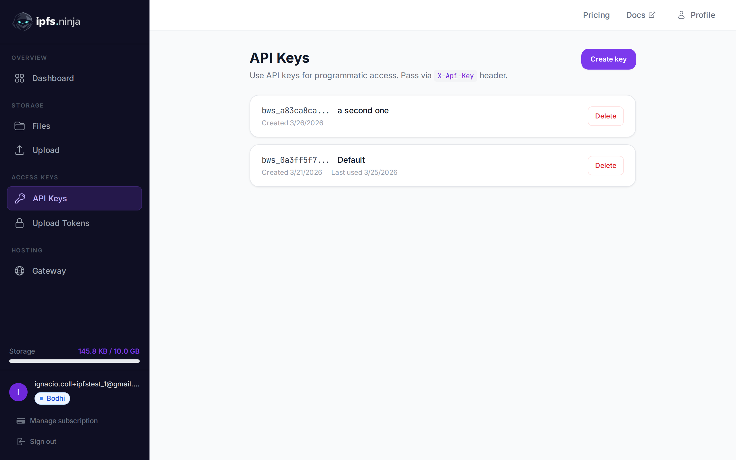 API Keys management page