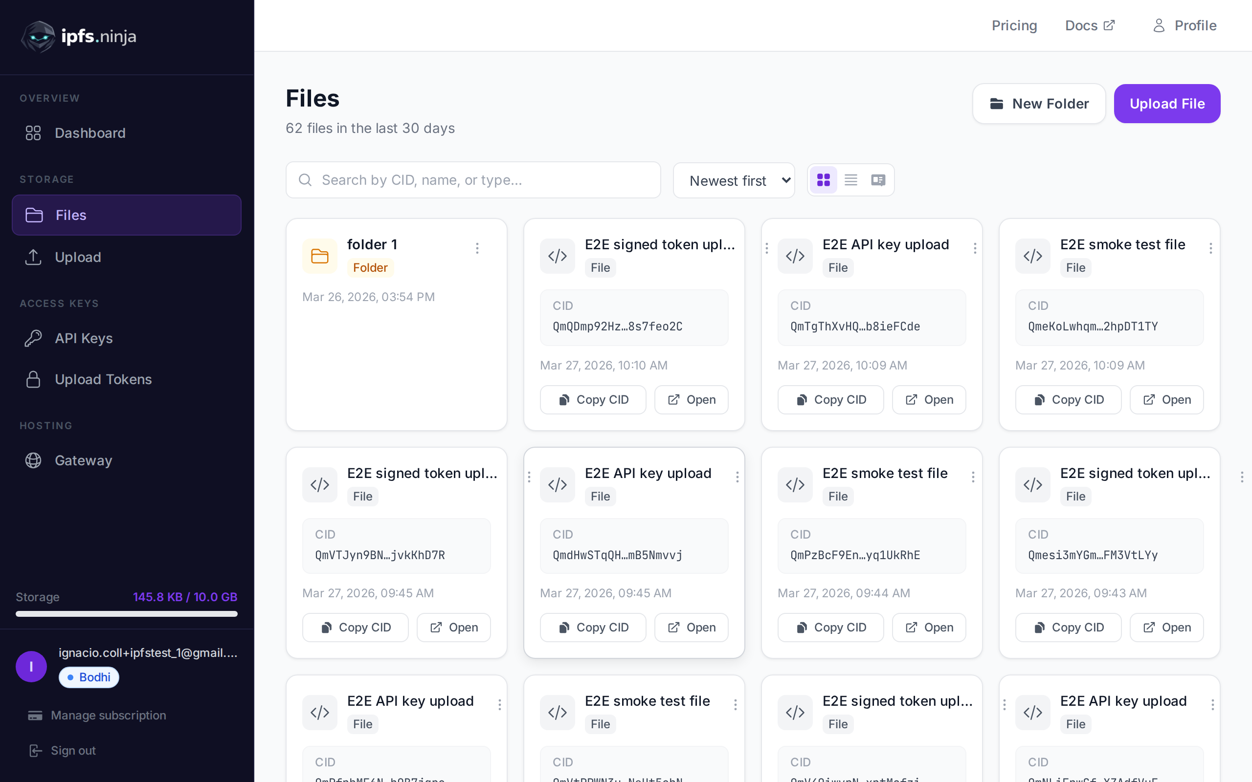 Files page showing uploaded and pinned files