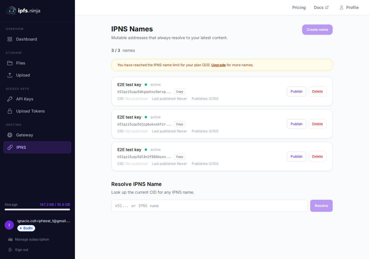 IPNS page with created keys