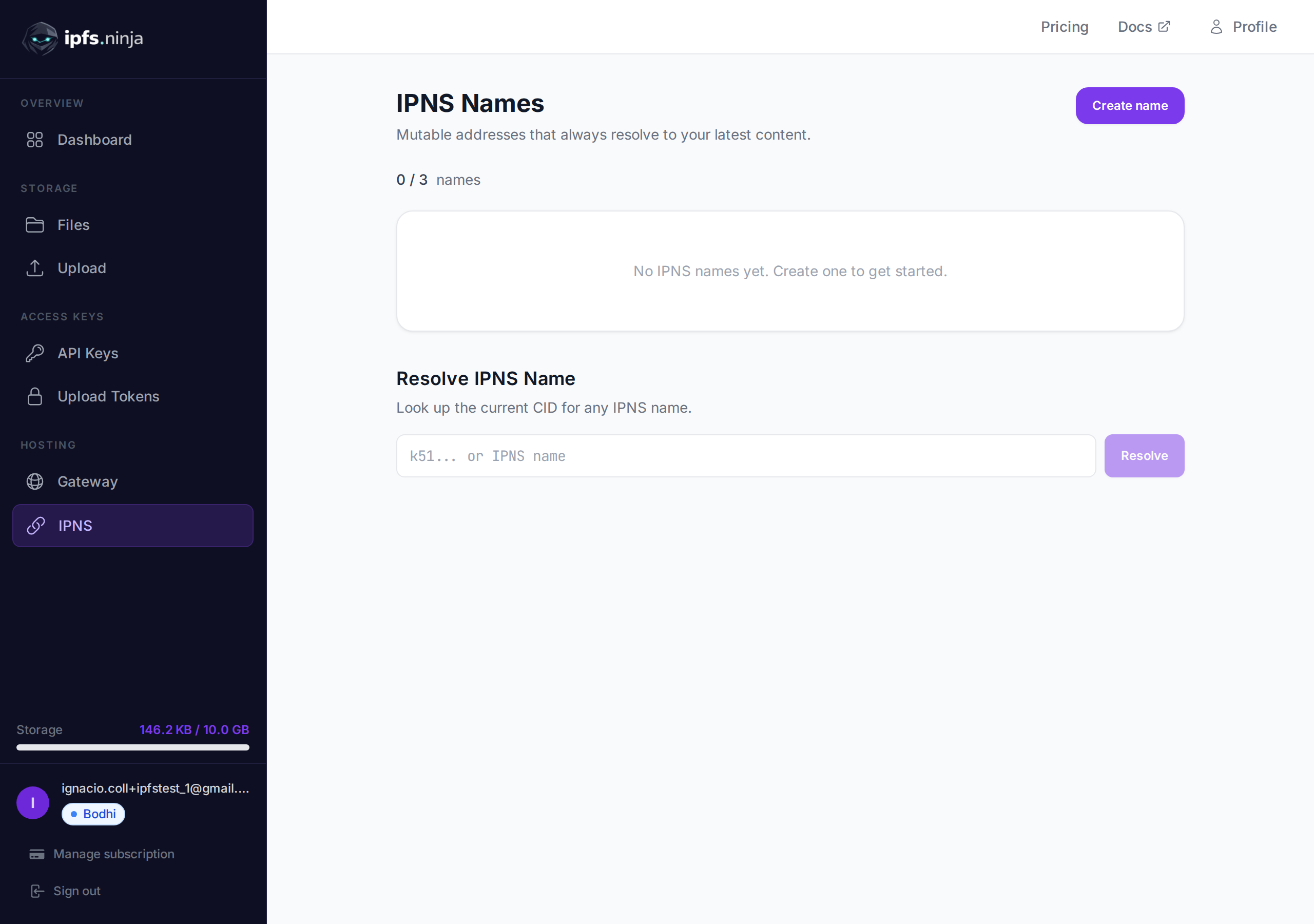IPNS Names management page