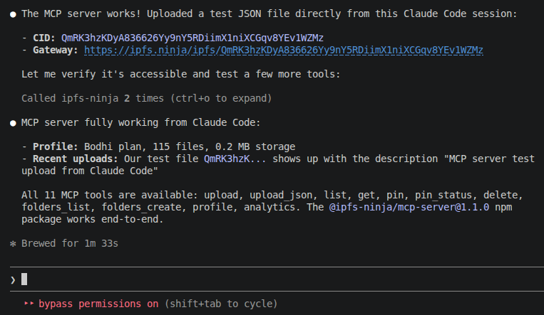 Servidor MCP do IPFS Ninja funcionando no Claude Code — fazendo upload de arquivo, verificando perfil e listando uploads recentes