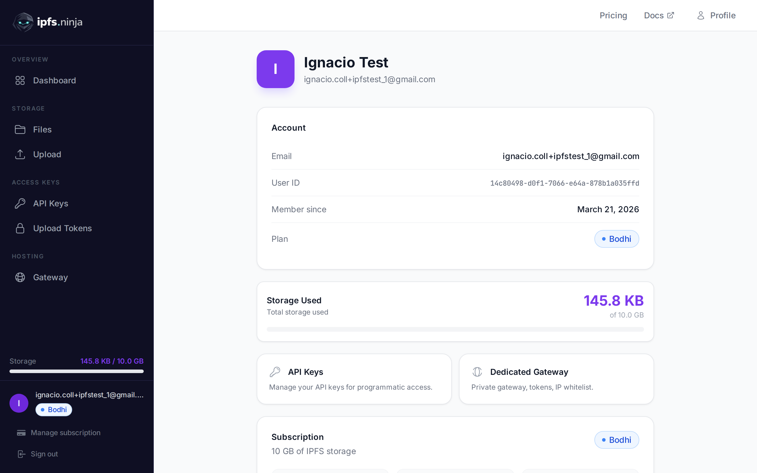 User profile page with account details and plan information