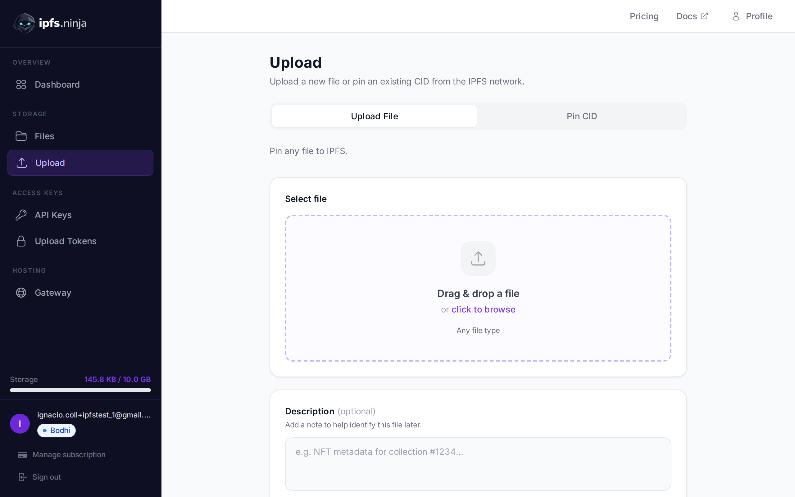 Upload page with drag-and-drop file upload